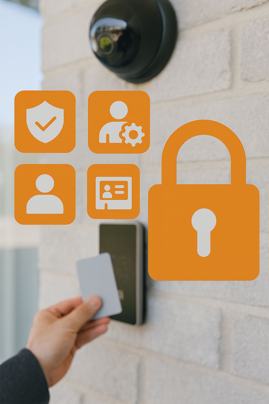 Hand using access card at a security system with camera and icons, orange tones.